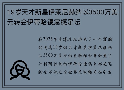 19岁天才新星伊莱尼赫纳以3500万美元转会伊蒂哈德震撼足坛