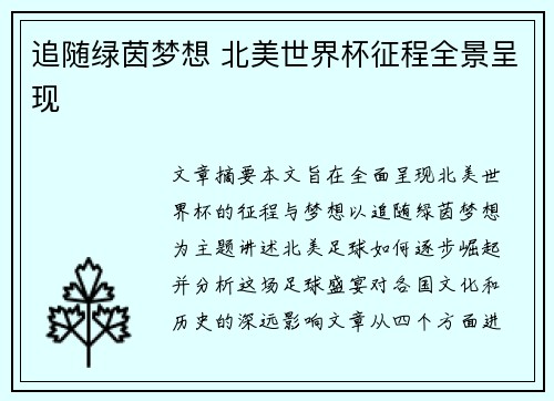 追随绿茵梦想 北美世界杯征程全景呈现 追随绿茵梦想 北美世界杯征程全景呈现