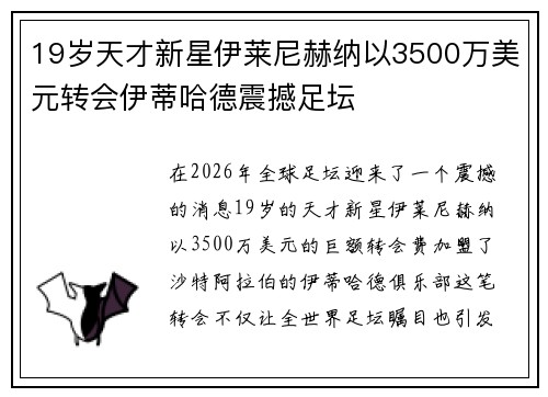 19岁天才新星伊莱尼赫纳以3500万美元转会伊蒂哈德震撼足坛