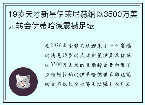19岁天才新星伊莱尼赫纳以3500万美元转会伊蒂哈德震撼足坛