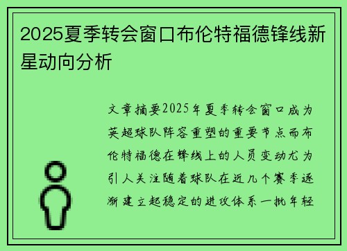 2025夏季转会窗口布伦特福德锋线新星动向分析 2025夏季转会窗口布伦特福德锋线新星动向分析