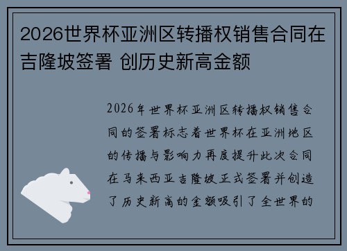 2026世界杯亚洲区转播权销售合同在吉隆坡签署 创历史新高金额